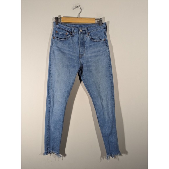 Levi's 501 Premium Denim Blue Mid Rise Raw Hem Skinny Jeans Women Size 27 - Picture 1 of 9